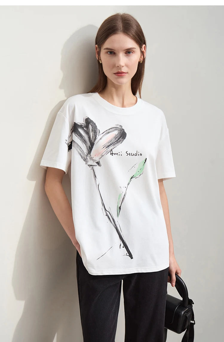 Women’s Summer Ink Art Print T-Shirt – Loose O-Neck Cotton Tee