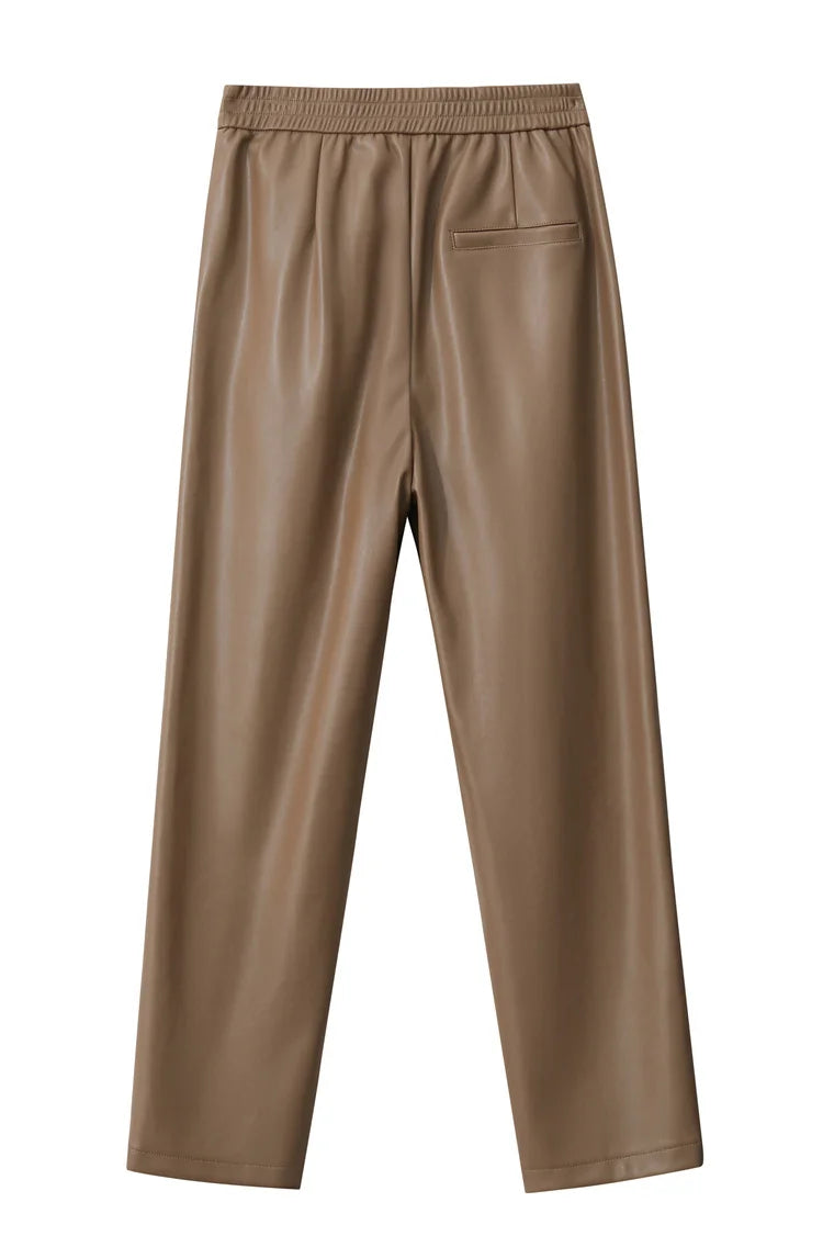 Women’s PU Leather Casual Pants – Loose Straight Floor-Length Trousers