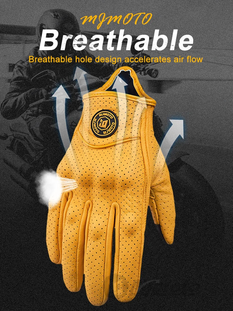 Retro Yellow Leather Motorcycle Gloves for Men & Women