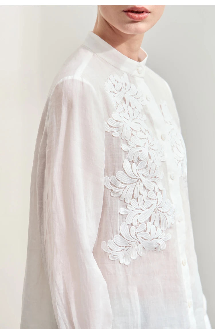 Women’s Autumn Stand Collar Lace Shirt – Elegant Shell Button Blouse