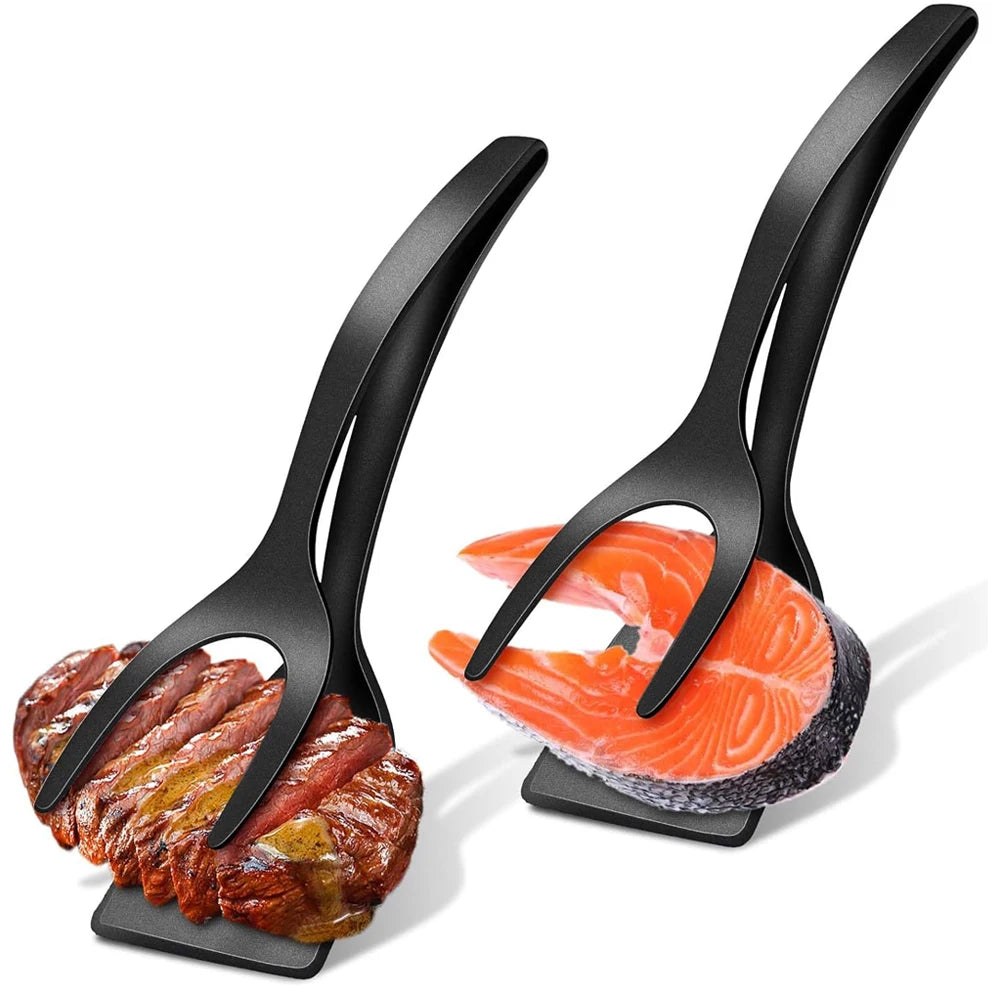 2-in-1 Grip Flip Spatula Tongs - Nylon Non-Stick Egg Flipper for Pancakes, Fish