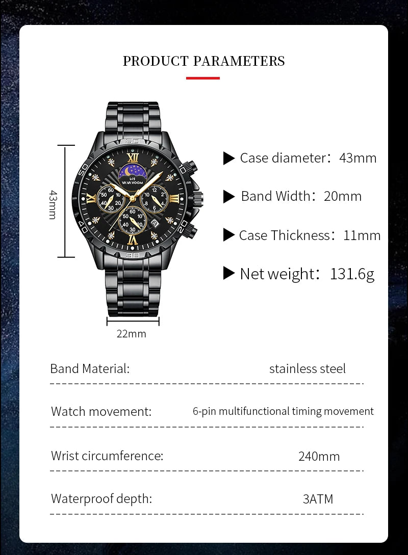 43mm Stainless Steel Men’s Quartz Watch – Diamond Night Glow