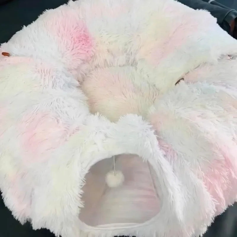 Plush Donut Cat Bed with Tunnel & Peephole – Indoor Fluffy Hideout