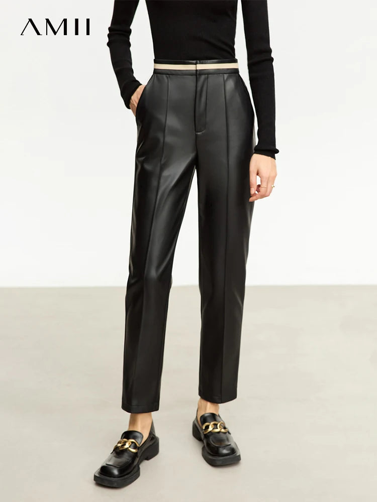 Women’s PU Leather Casual Pants – Loose Straight Floor-Length Trousers