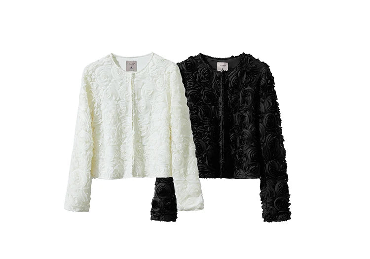 Women’s Elegant Short Jacket – Romantic Flower O-Neck Hook Button Coat