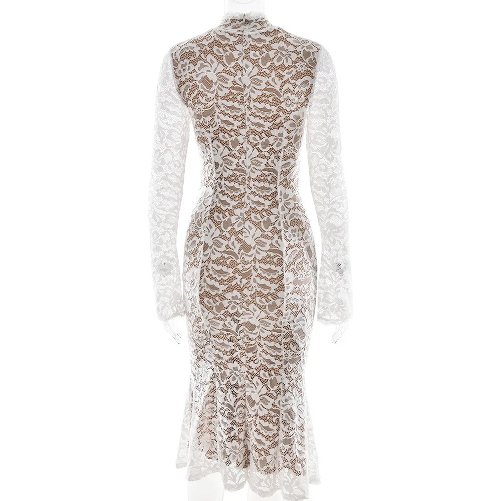 Women’s Elegant Lace Bodycon Dress – Long Sleeve Fishtail Evening Dress