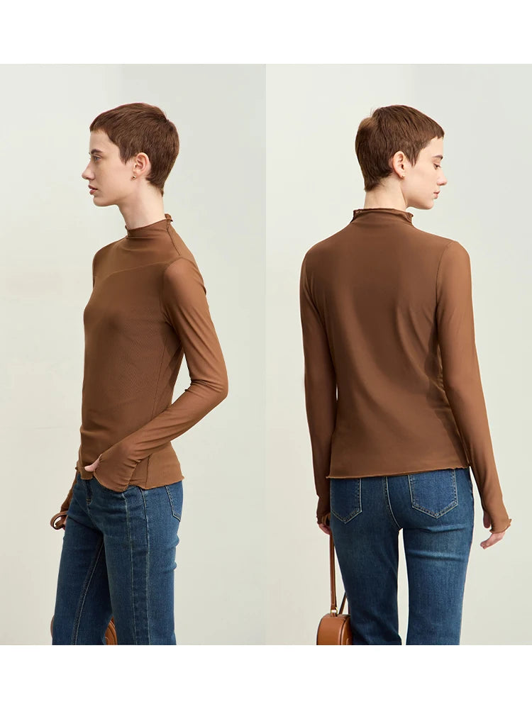 Women’s Mesh Half-High Neck Slim T-Shirt – Retro Office Spring Top