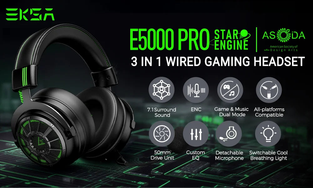 Cartmela E5000 Pro Gaming Headset – 7.1 Surround Sound, ENC Mic