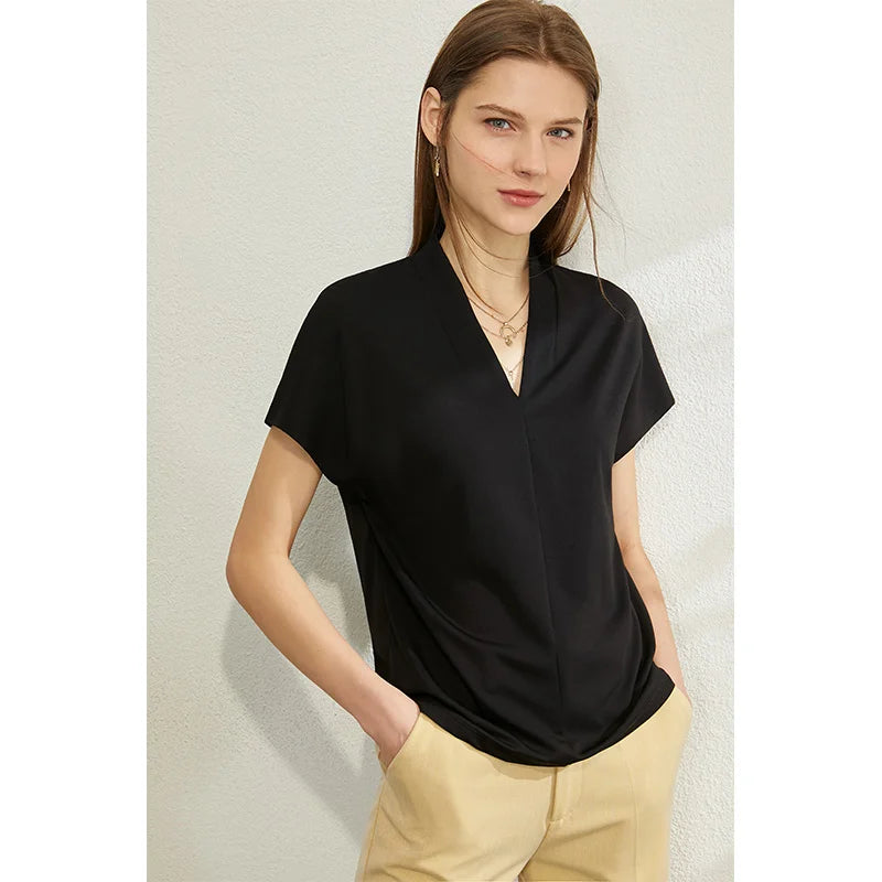 Women’s Classic V-Neck Short Sleeve T-Shirt – Casual Solid Stretch Top
