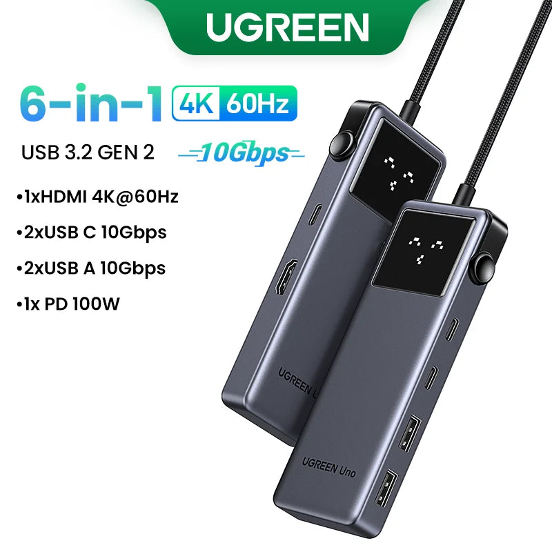 Uno 6-in-1 USB-C Hub – 4K 60Hz, 100W PD, 10Gbps Splitter