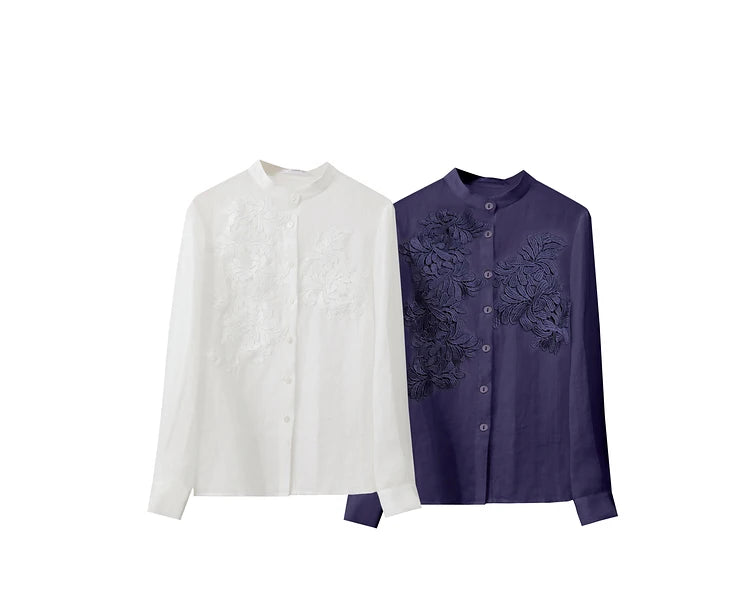 Women’s Autumn Stand Collar Lace Shirt – Elegant Shell Button Blouse