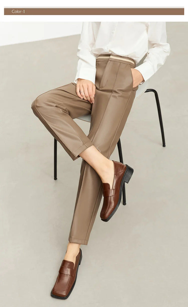 Women’s PU Leather Casual Pants – Loose Straight Floor-Length Trousers