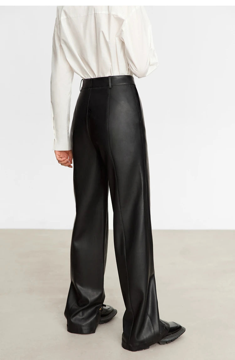 Women’s PU Leather Casual Pants – Loose Straight Floor-Length Trousers