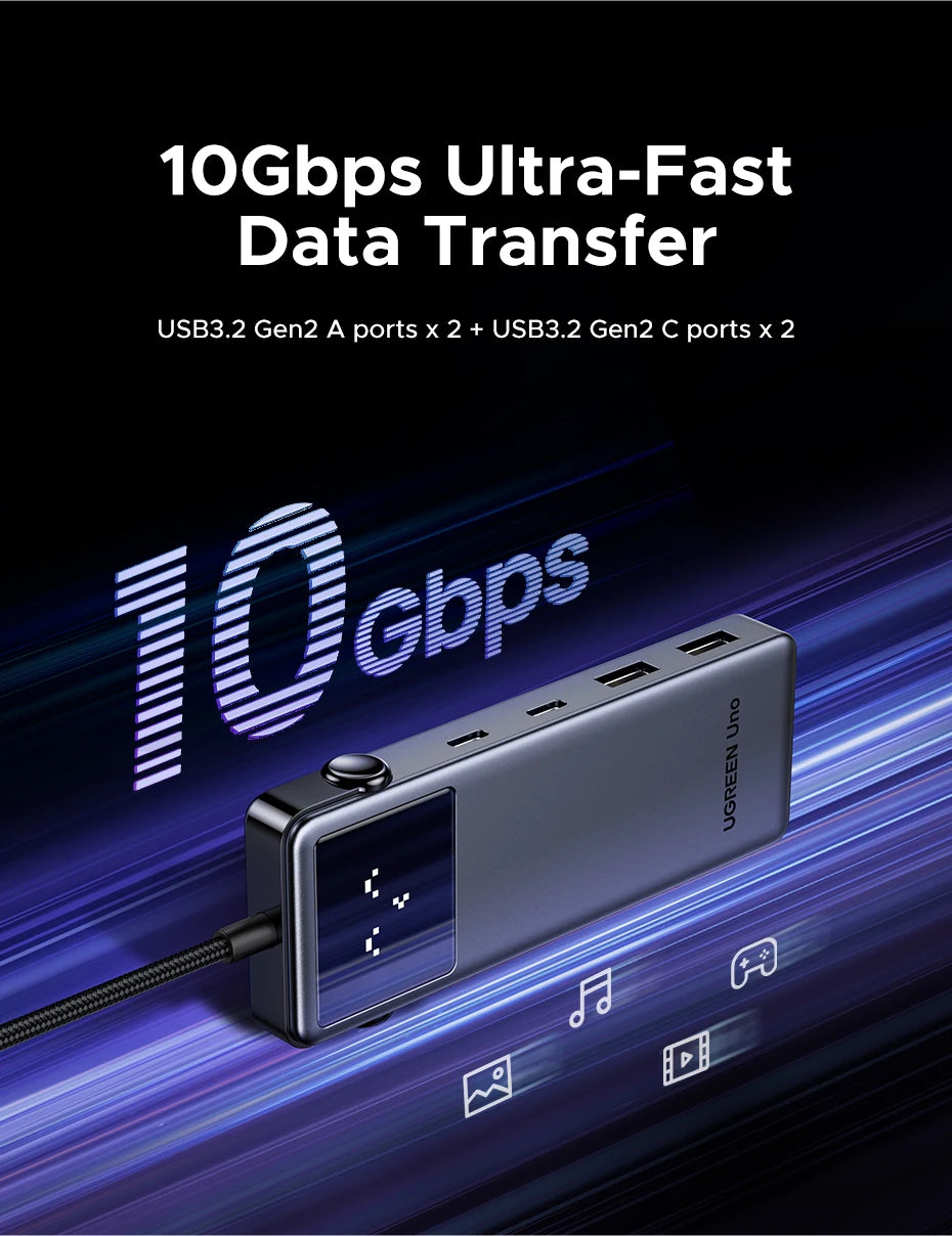 Uno 6-in-1 USB-C Hub – 4K 60Hz, 100W PD, 10Gbps Splitter