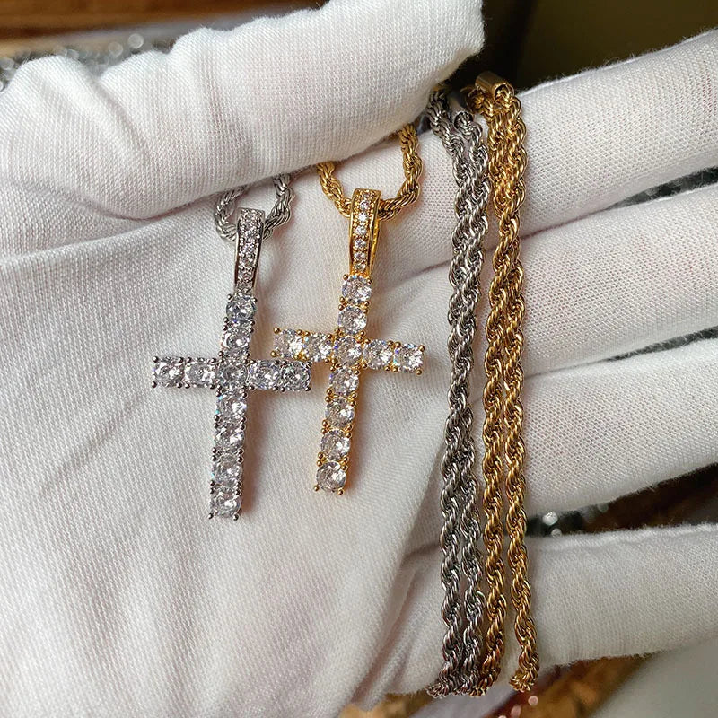 Unisex Gold Iced-Out Hip Hop Cross Pendant Necklace – Statement Chain