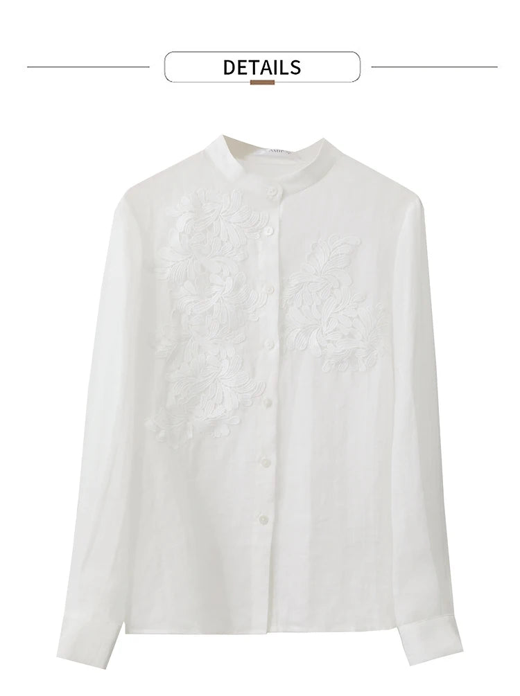 Women’s Autumn Stand Collar Lace Shirt – Elegant Shell Button Blouse