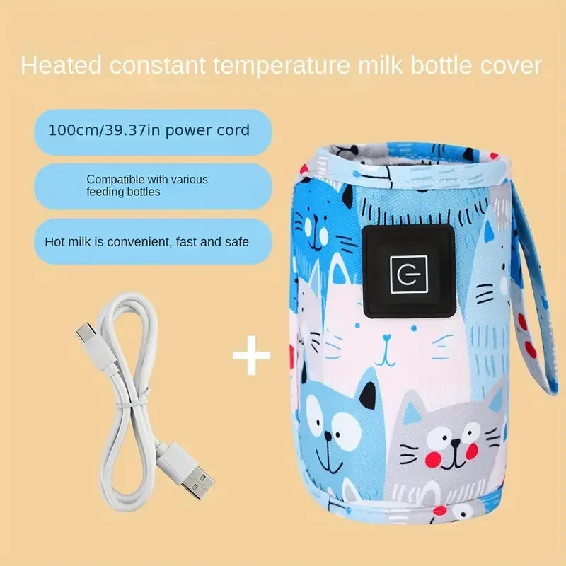 Heated constant temperature milk bottle cover with power cord on a beige background