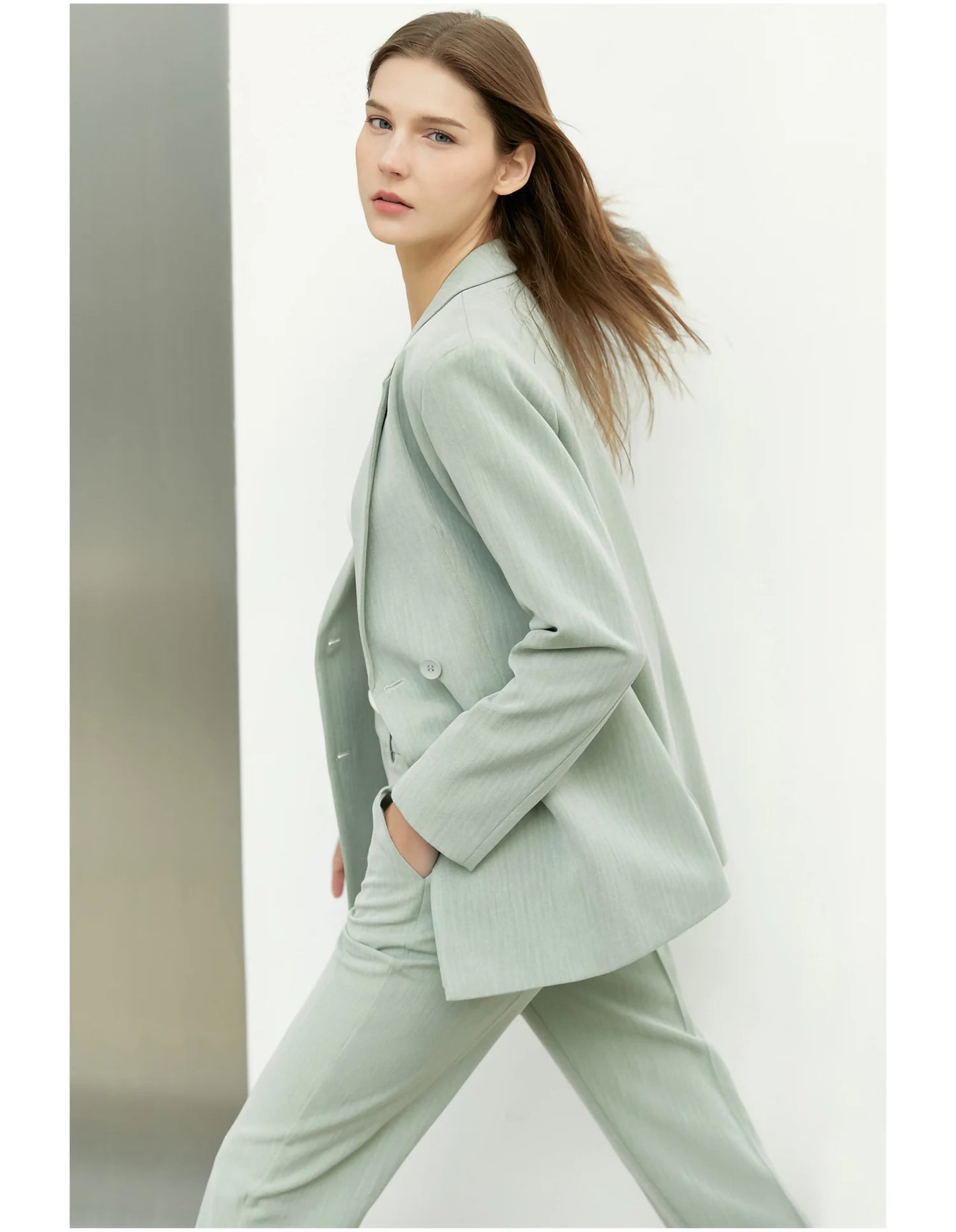 Women’s Office Blazer Set – Lace V-Neck Top & High Waist Pants