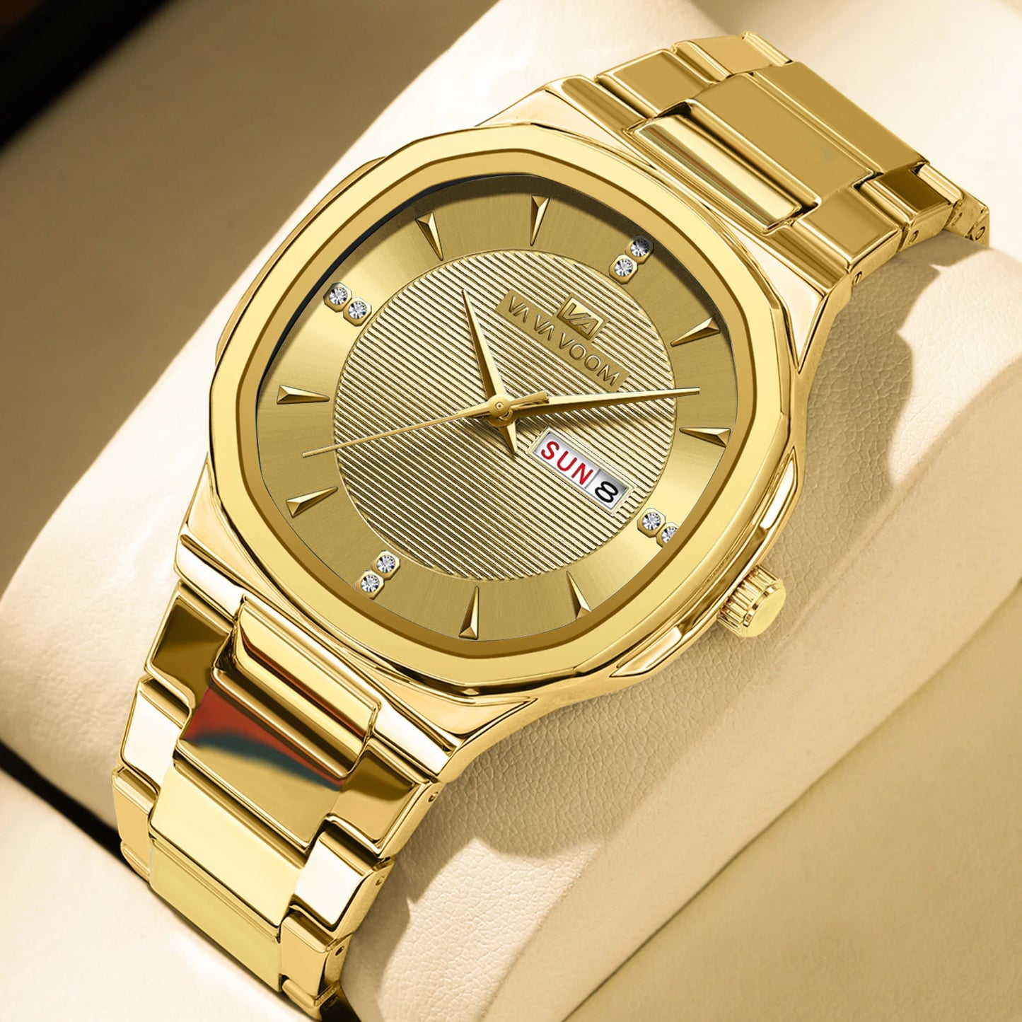 Luxury Diamond Men’s Watch – Stainless Steel Dual Date & Week Display