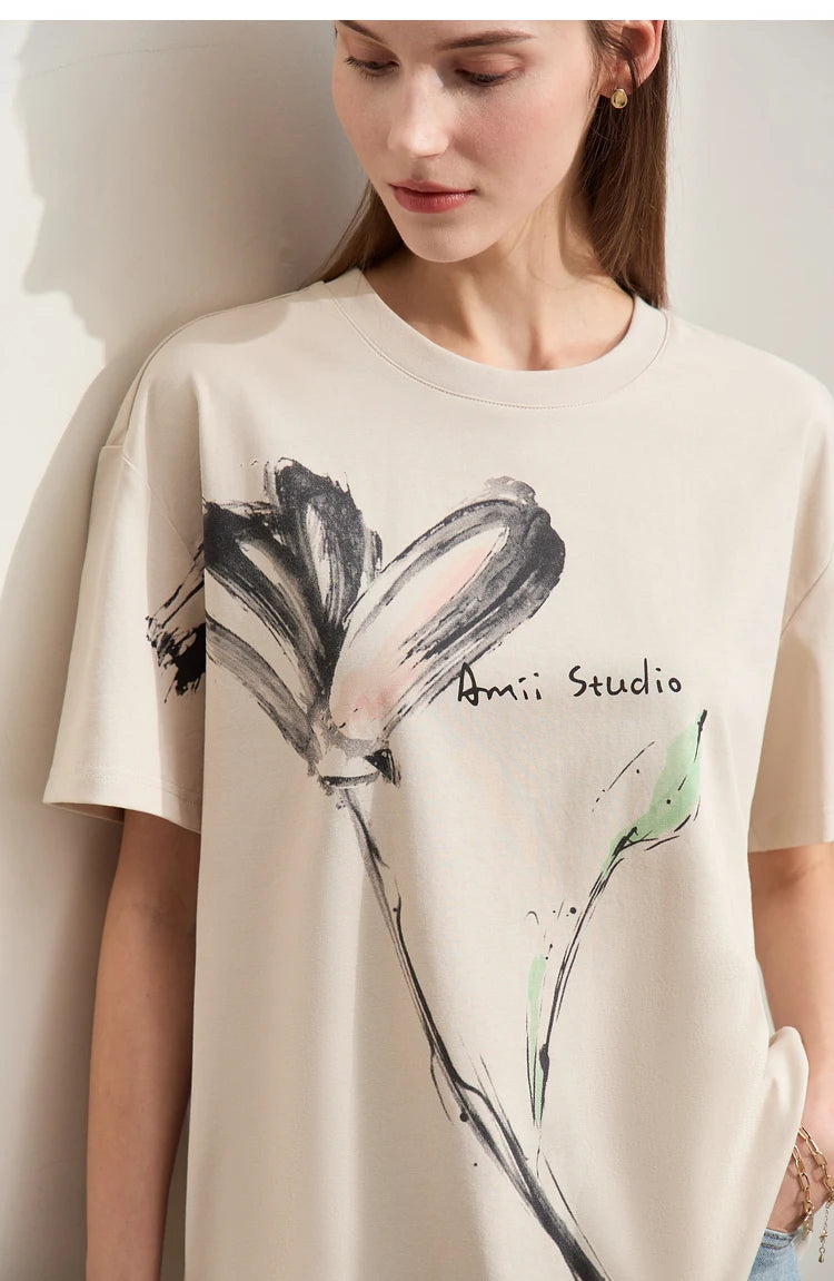 Women’s Summer Ink Art Print T-Shirt – Loose O-Neck Cotton Tee
