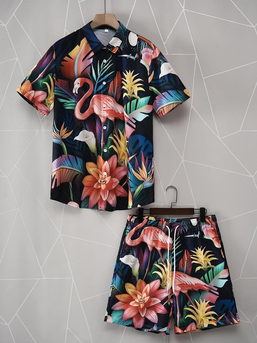 Men’s Tropical 2-Piece Set – Palm Tree Hawaiian Shirt & Shorts