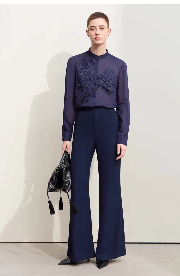 Women’s Autumn Stand Collar Lace Shirt – Elegant Shell Button Blouse