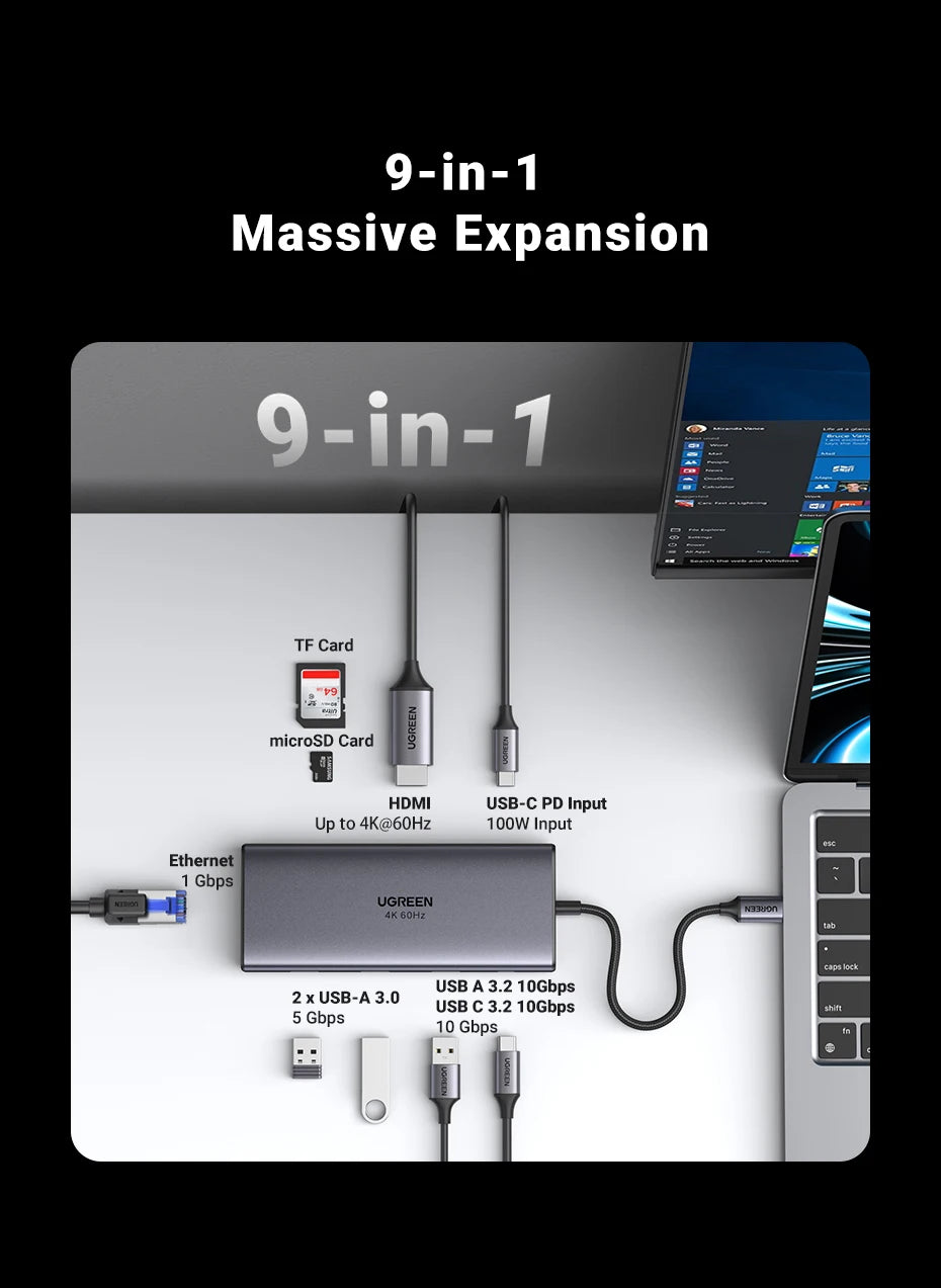 9-in-1 USB-C Hub – 4K@60Hz HDMI, 10Gbps USB, RJ45, PD 100W