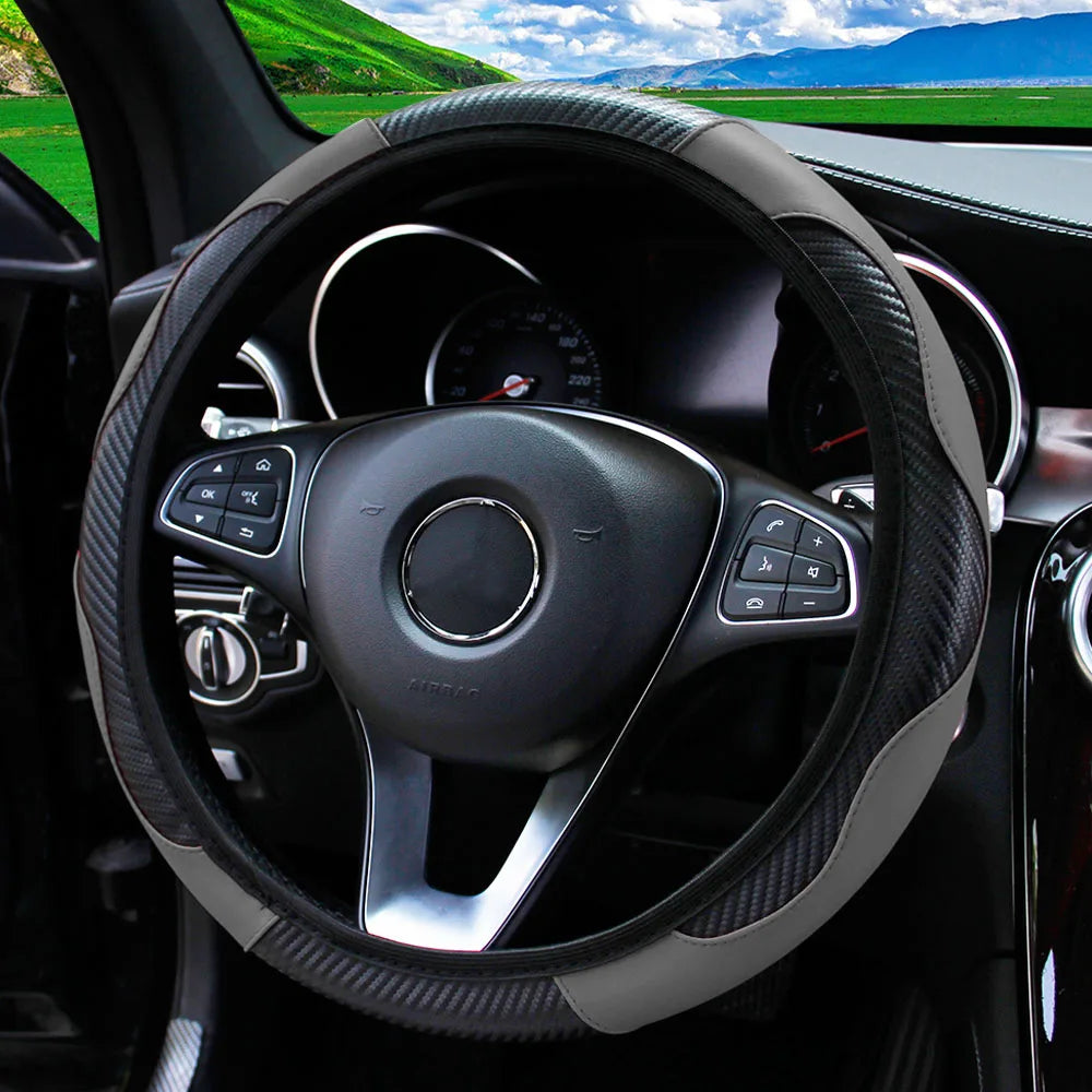 PU Carbon Fiber Leather Steering Wheel Cover 14.5–15 Inch Car Accessory