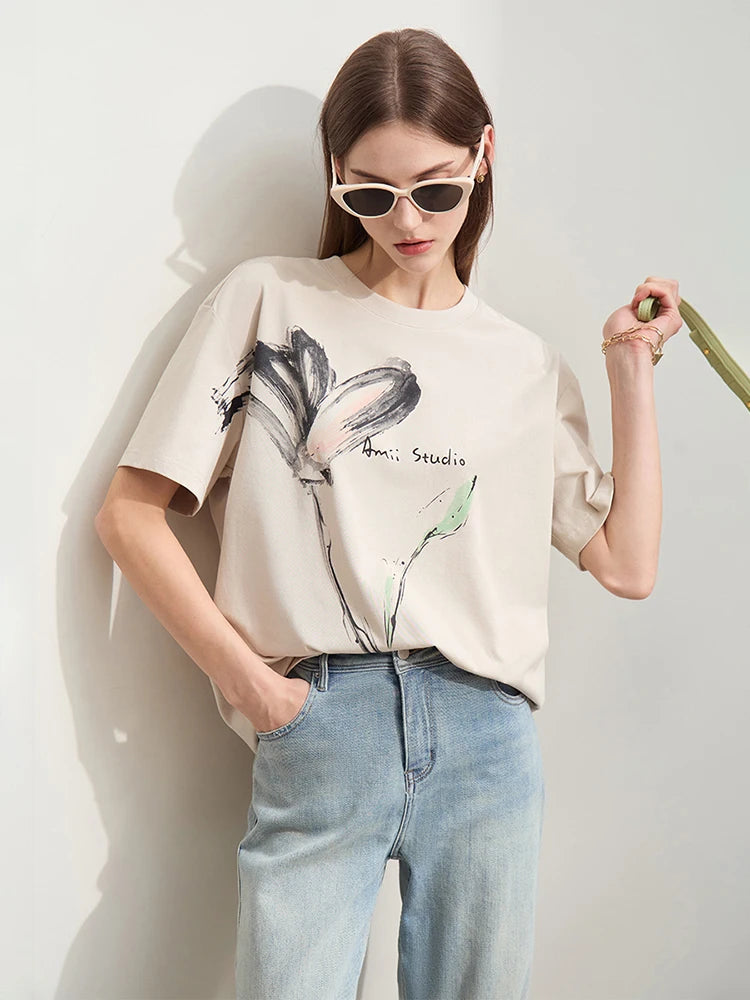 Women’s Summer Ink Art Print T-Shirt – Loose O-Neck Cotton Tee