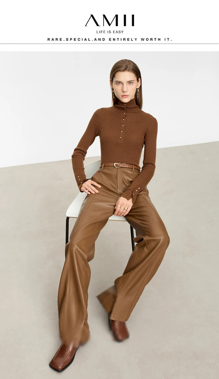 Women’s PU Leather Casual Pants – Loose Straight Floor-Length Trousers