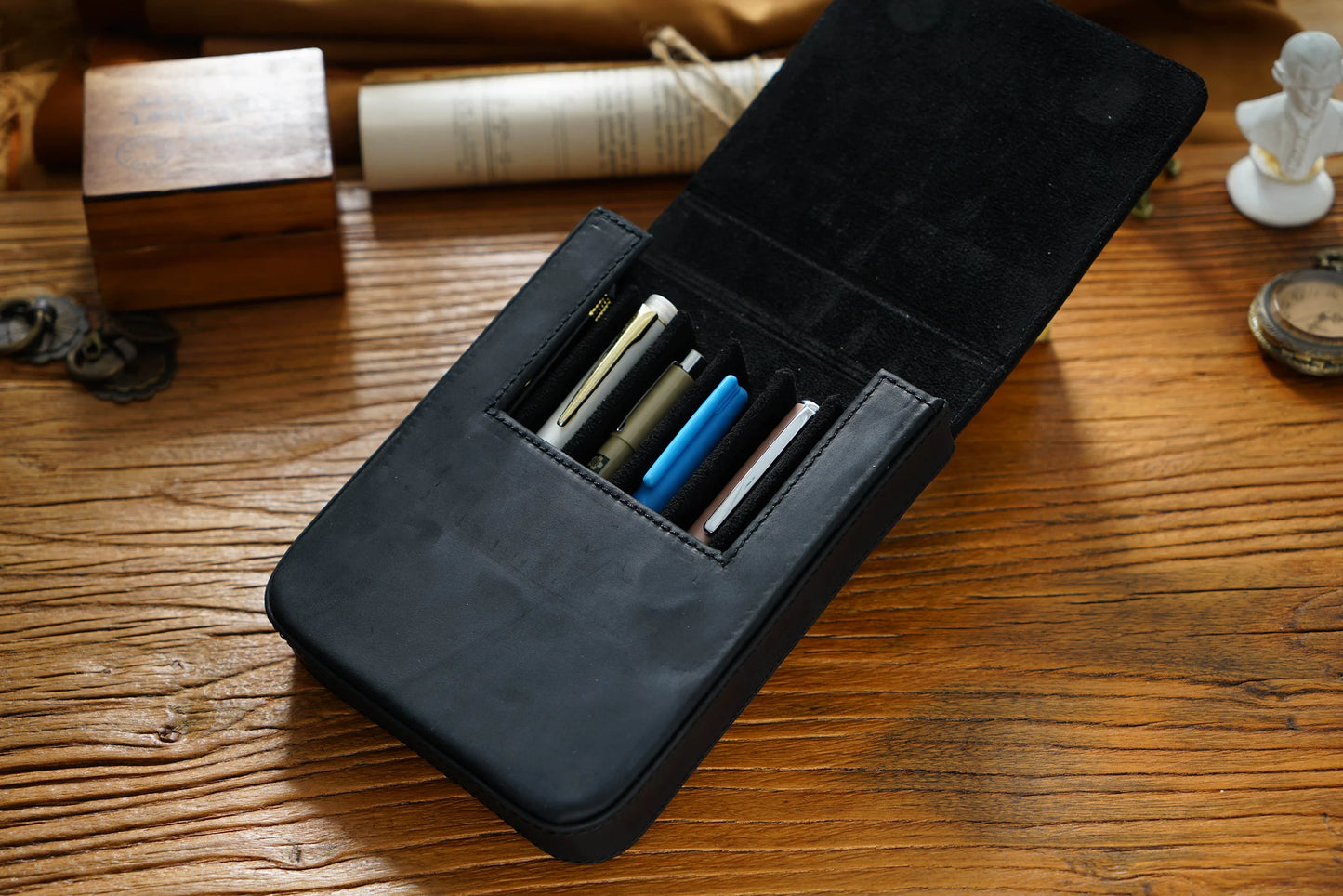 Vintage Genuine Leather Pen Pouch – 6-Slot Removable Tray Case