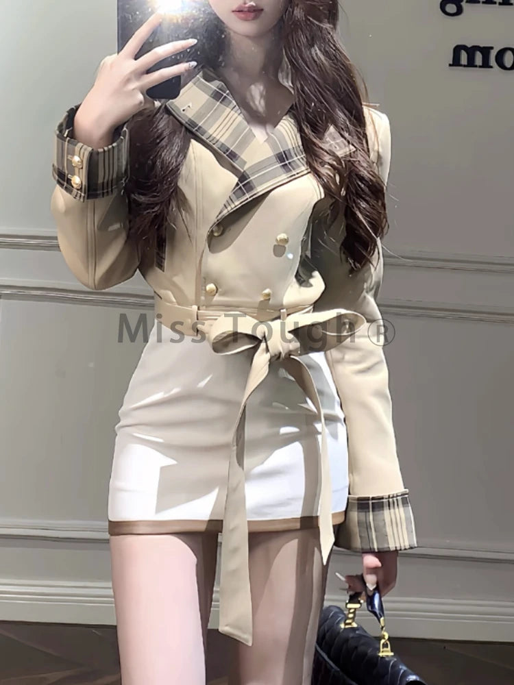 Women’s Winter 2-Piece Set – Belted Coat & White Mini Skirt Suit