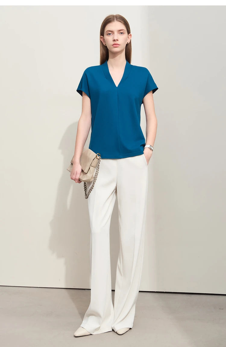 Women’s Classic V-Neck Short Sleeve T-Shirt – Casual Solid Stretch Top