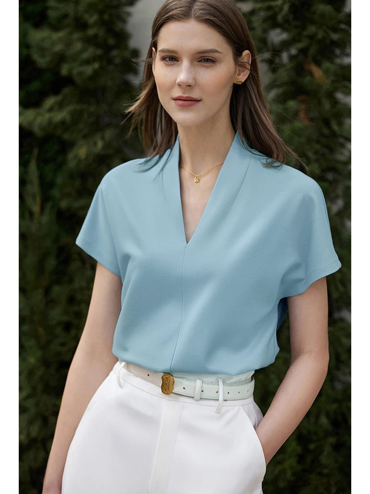 Women’s Classic V-Neck Short Sleeve T-Shirt – Casual Solid Stretch Top