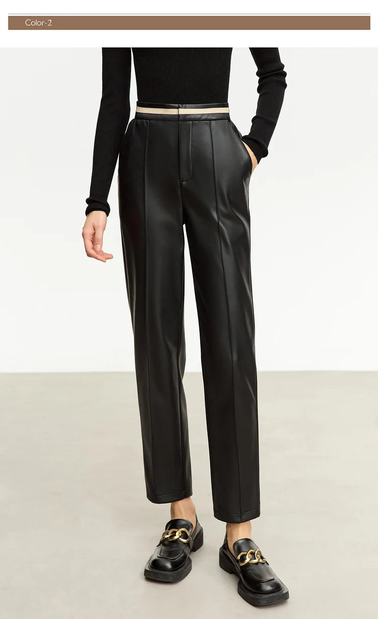 Women’s PU Leather Casual Pants – Loose Straight Floor-Length Trousers