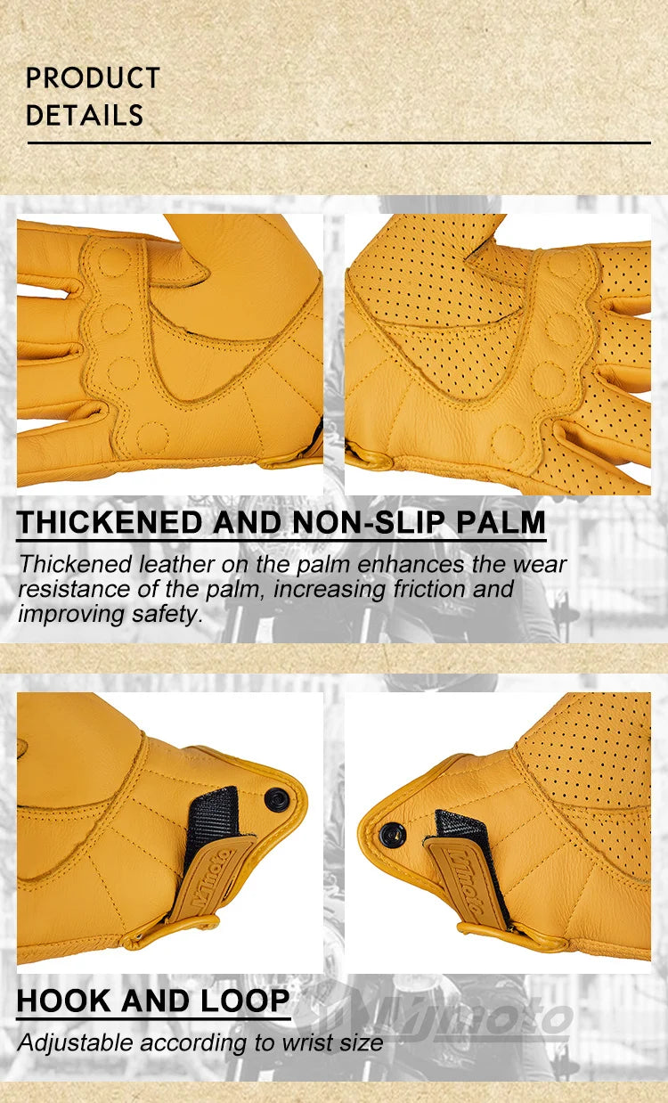 Retro Yellow Leather Motorcycle Gloves for Men & Women
