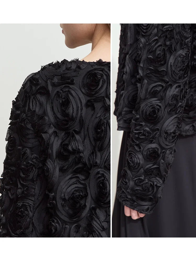 Women’s Elegant Short Jacket – Romantic Flower O-Neck Hook Button Coat