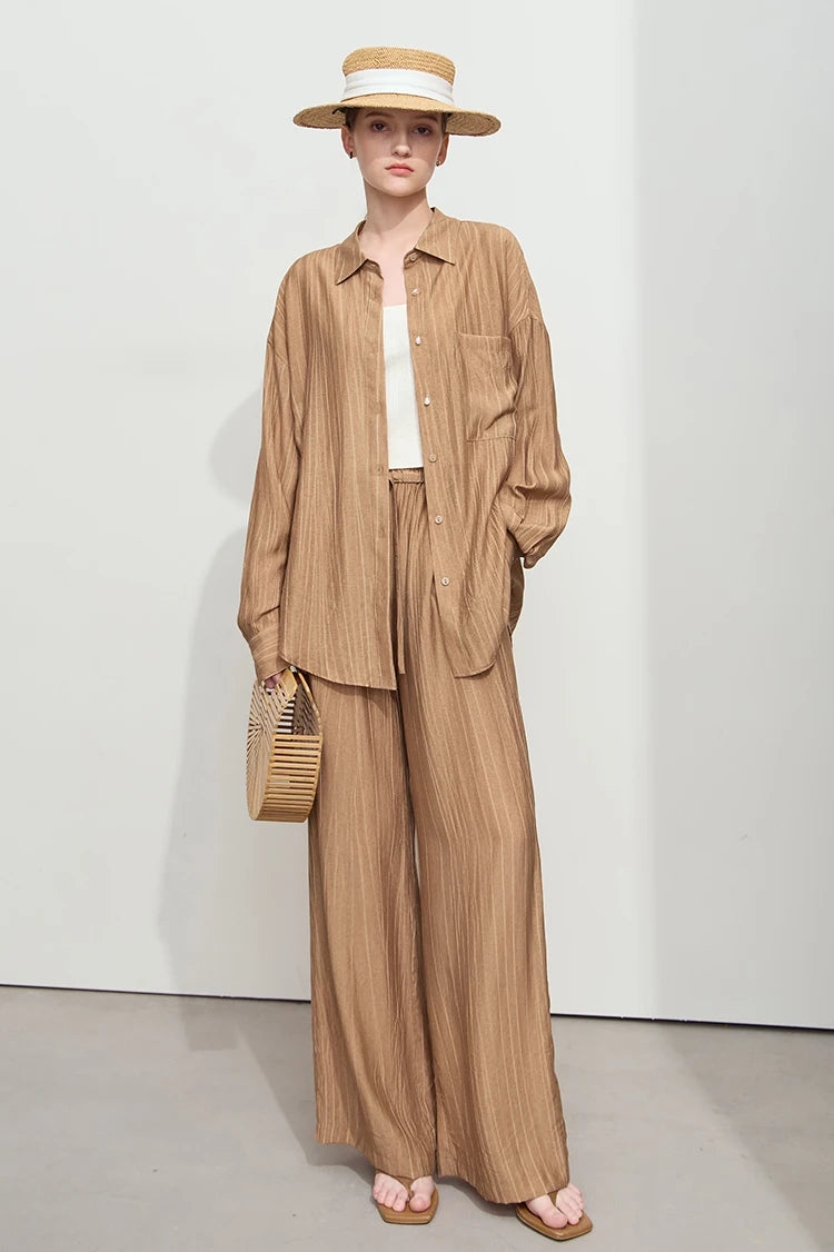 Women’s Casual Shirt & Wide Leg Pants – Spring Basic Separate Set