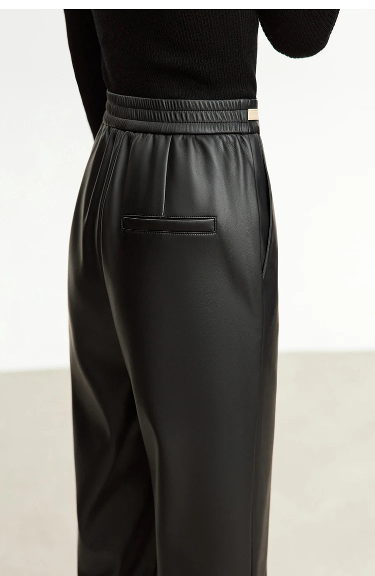 Women’s PU Leather Casual Pants – Loose Straight Floor-Length Trousers