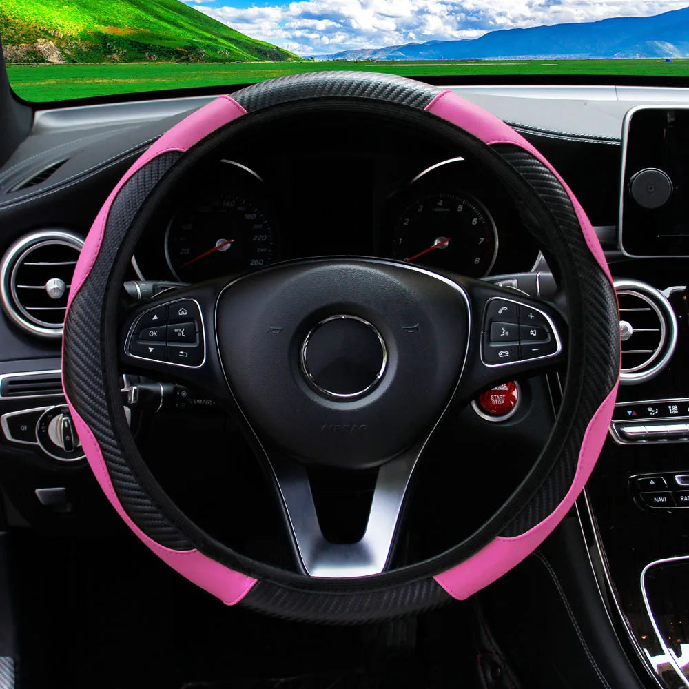 PU Carbon Fiber Leather Steering Wheel Cover 14.5–15 Inch Car Accessory