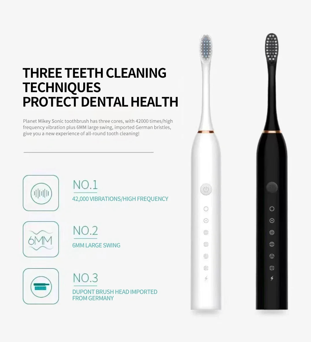 Sonic Electric Toothbrush for Adults | 3 DuPont Heads, USB Rechargeable, IPX7 Waterproof