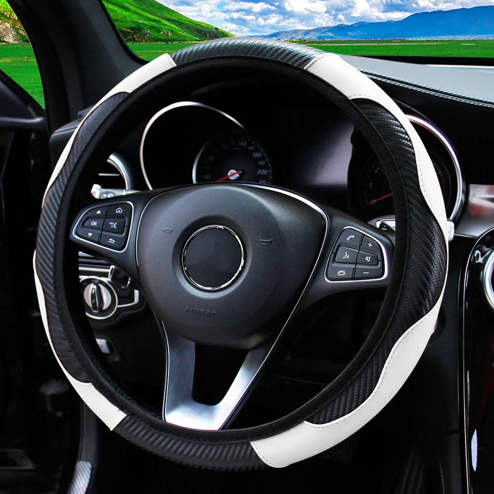 PU Carbon Fiber Leather Steering Wheel Cover 14.5–15 Inch Car Accessory
