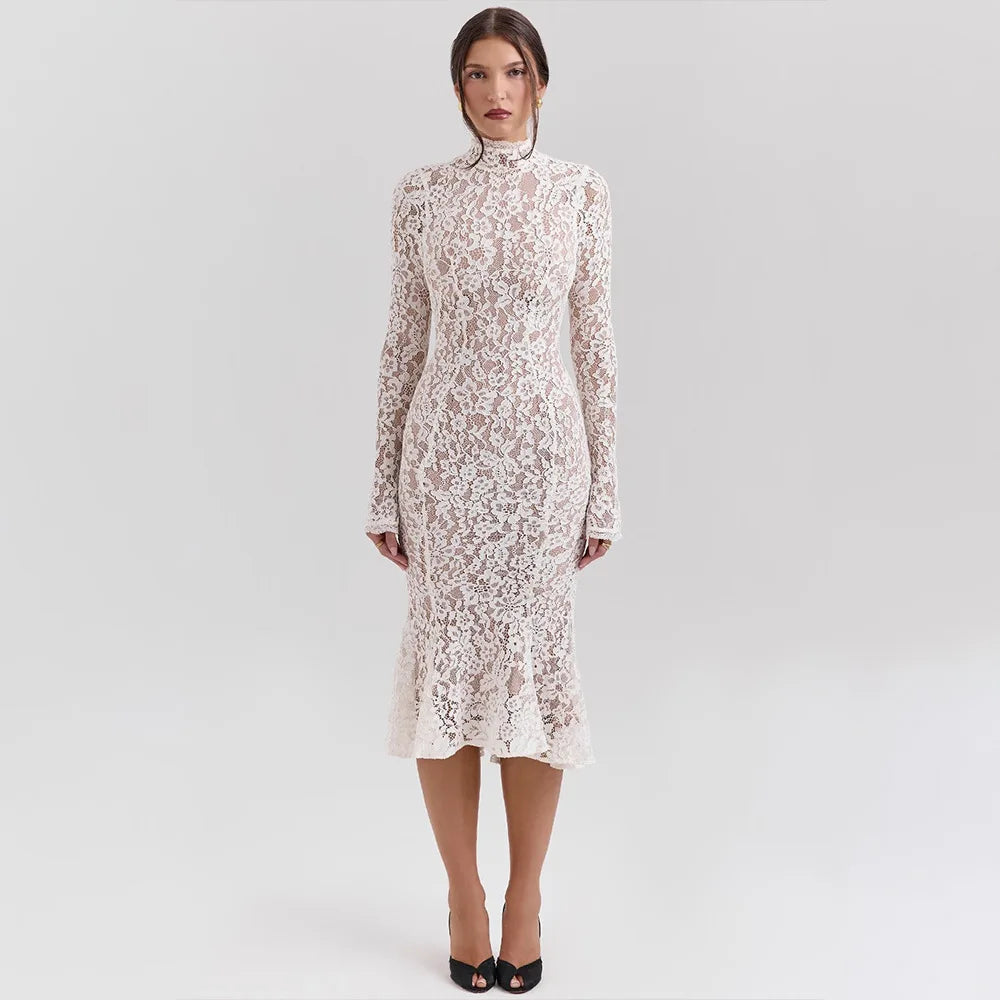 Women’s Elegant Lace Bodycon Dress – Long Sleeve Fishtail Evening Dress