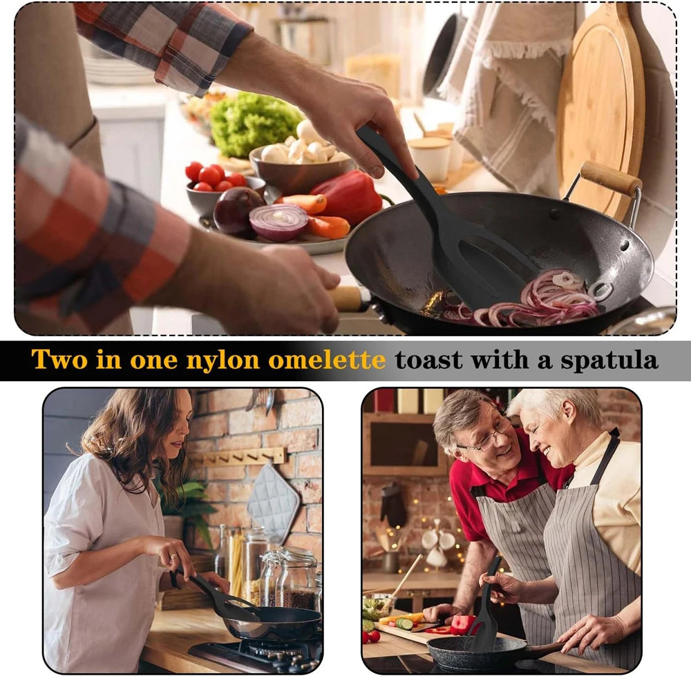 2-in-1 Grip Flip Spatula Tongs - Nylon Non-Stick Egg Flipper for Pancakes, Fish