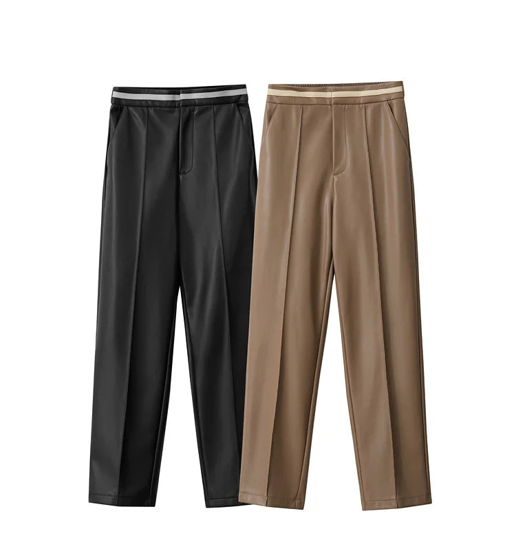 Women’s PU Leather Casual Pants – Loose Straight Floor-Length Trousers