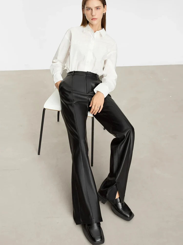 Women’s PU Leather Casual Pants – Loose Straight Floor-Length Trousers