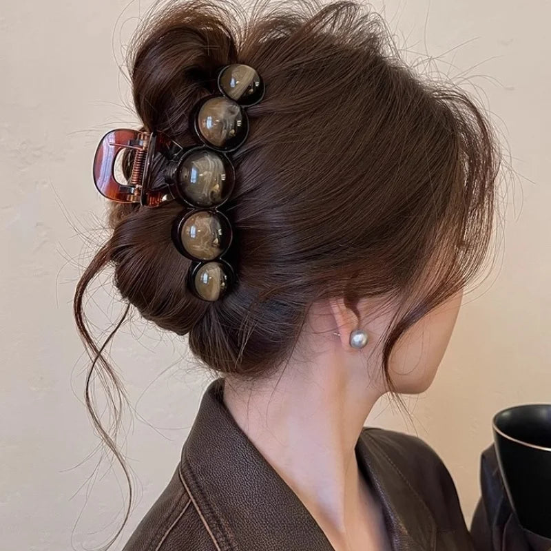 Retro Gradient Beaded Hair Claw – Geometric Plastic Hairpin Shark Clip