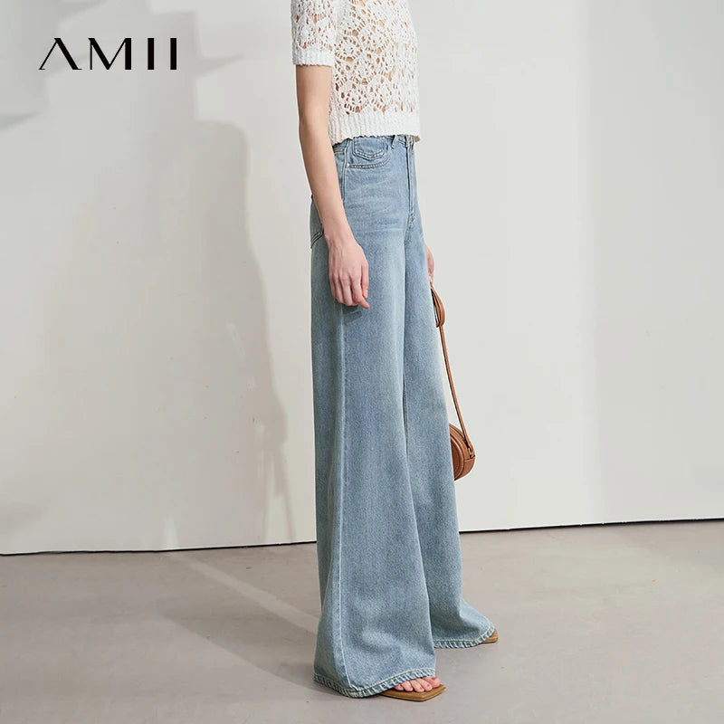Women’s Blue Wide Leg Denim Jeans – Low Waist Loose Casual Trousers