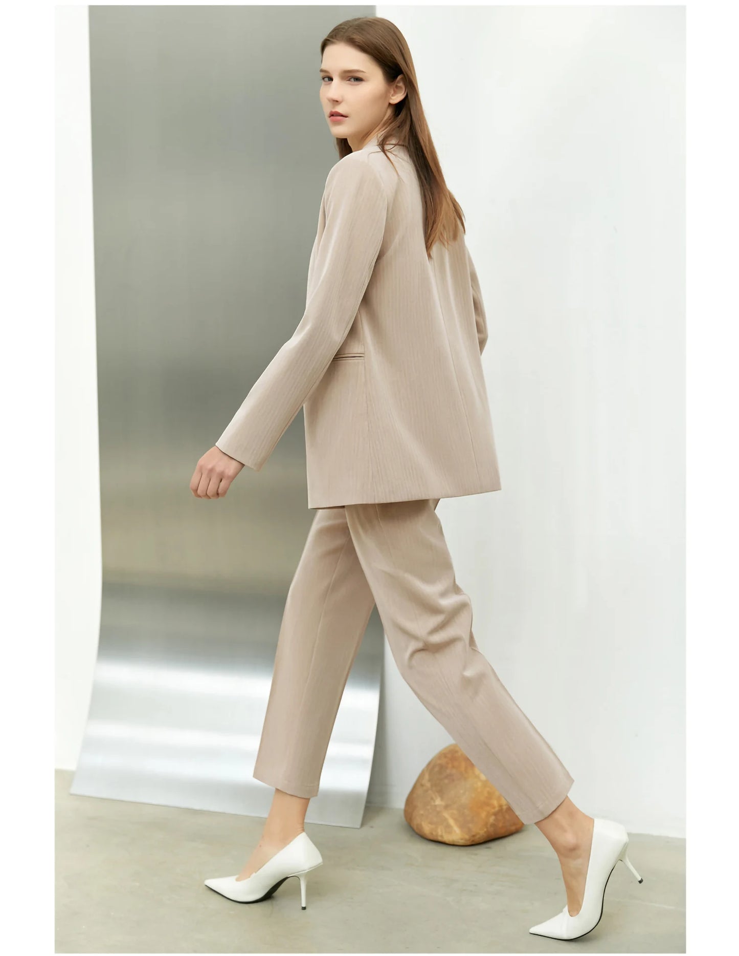 Women’s Office Blazer Set – Lace V-Neck Top & High Waist Pants