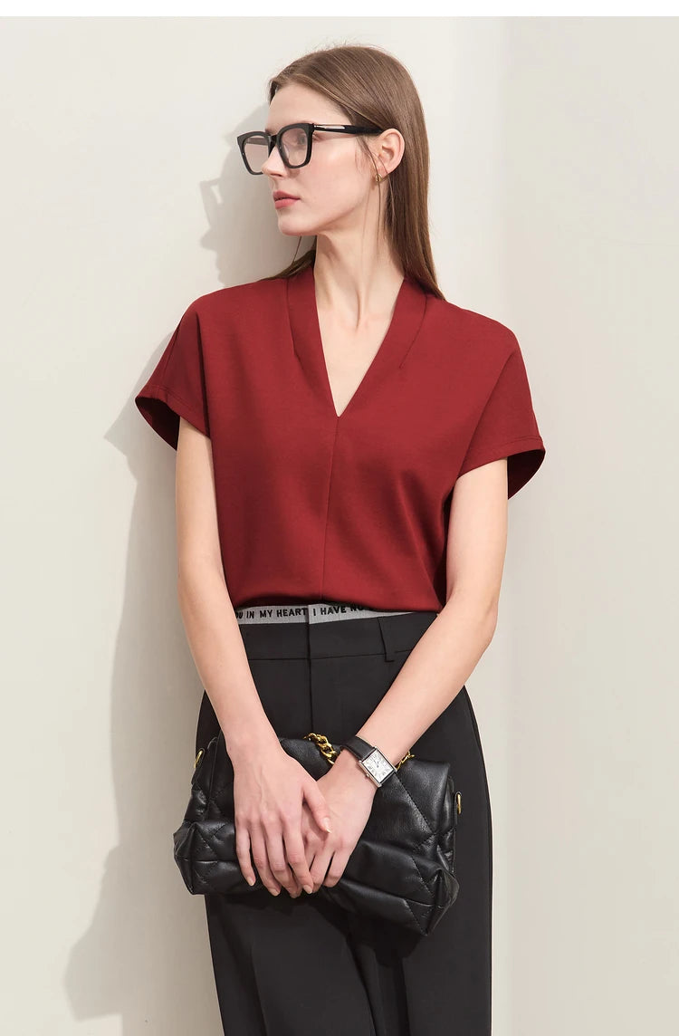 Women’s Classic V-Neck Short Sleeve T-Shirt – Casual Solid Stretch Top